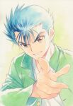  1boy agahari blue_hair brown_eyes commentary_request green_jacket highres jacket looking_at_viewer male_focus short_hair smile solo traditional_media upper_body urameshi_yusuke yu_yu_hakusho 