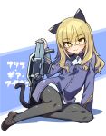  501st_joint_fighter_wing alice_gear_aegis animal_ears bangs black_legwear blonde_hair blue_background blunt_bangs cat cat_ears cat_tail eyebrows_visible_through_hair glasses highres looking_at_viewer military military_uniform panties panty_peek pantyhose perrine_h._clostermann sitting strike_witches stroma tail underwear uniform white_background world_witches_series yellow_eyes 