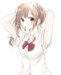  1girl adjusting_hair armpits arms_up ba_ra_ran blush bow bowtie brown_hair highres idolmaster idolmaster_cinderella_girls igarashi_kyoko looking_at_viewer mouth_hold open_collar rubber_band school_uniform short_sleeves side_ponytail simple_background sketch solo upper_body white_background 