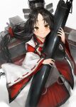  1girl black_hair blush brown_eyes closed_mouth hair_ribbon hakama headgear holding japanese_clothes kantai_collection long_hair long_sleeves machinery multi-tied_hair nisshin_(kancolle) red_hakama red_ribbon ribbon ribbon-trimmed_sleeves ribbon_trim rigging short_eyebrows smile solo toka_(marchlizard) very_long_hair wide_sleeves 