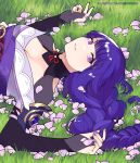  1girl bangs braid breasts bridal_gauntlets cherry_blossoms cleavage commentary english_commentary genshin_impact grass hair_ornament hannreina highres japanese_clothes kimono large_breasts long_hair looking_at_viewer lying mole mole_under_eye obi obiage on_back open_mouth parted_lips petals purple_eyes purple_hair purple_nails raiden_shogun ribbon sash solo 