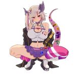  1girl breasts chain choker cleavage collarbone highres horns indie_virtual_youtuber large_breasts looking_at_viewer midriff navel pink_legwear purple_choker purple_skirt red_eyes satou_daiji short_hair side_ponytail simple_background single_thighhigh skirt slit_pupils solo squatting tail thighhighs tsuzura_amo virtual_youtuber white_background white_footwear white_hair 