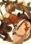  1girl ass bare_shoulders blush brown_eyes brown_hair censored china_dress chinese_clothes clothes_lift dress embarrassed guilty_gear guilty_gear_xrd heart heart_censor highres kuradoberi_jam long_hair long_sleeves looking_at_viewer open_mouth panties poch4n reward_available skirt skirt_lift smile solo sweat sweatdrop underwear very_long_hair 