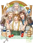  4boys :d apple beard bilbo_baggins blonde_hair blue_eyes blush bowl brown_hair collared_shirt commentary cup cutlery english_commentary facial_hair fili fingernails food fruit gandalf green_pants hands_up highres holding holding_pipe kazuki-mendou kili_(the_hobbit) legendarium long_beard male_focus multiple_boys open_mouth pants parted_lips pipe plate pointy_ears red_apple shirt smile smoke smoking spoon stubble suspenders tankard teacup the_hobbit wide-eyed wing_collar 