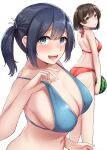  2girls absurdres bare_arms bare_shoulders bikini blue_bikini blue_hair breasts brown_eyes brown_hair cleavage head_out_of_frame highres hiryuu_(kancolle) kantai_collection kiritto large_breasts multiple_girls navel open_mouth red_bikini short_hair simple_background souryuu_(kancolle) swimsuit white_background 