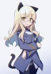  501st_joint_fighter_wing animal_ears bangs black_legwear blonde_hair blue_background blunt_bangs cat cat_ears cat_tail crossed_arms eyebrows_visible_through_hair glasses highres looking_at_viewer military military_uniform panties panty_peek pantyhose perrine_h._clostermann sitting strike_witches stroma tail underwear uniform white_background world_witches_series yellow_eyes 