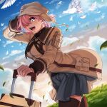  1girl absurdres alternate_costume amami_tokko animal arm_up bird blue_sky breasts brown_headwear brown_jacket brown_legwear brown_neckwear brown_ribbon commentary_request day dove fate/grand_order fate_(series) field grass grey_skirt hair_over_one_eye hat highres holding holding_suitcase jacket leaf long_sleeves looking_at_viewer lostroom_outfit_(fate) mash_kyrielight medium_breasts miniskirt neck_ribbon official_alternate_costume one_eye_covered open_mouth outdoors pink_hair pleated_skirt purple_eyes ribbon rolling_suitcase short_hair skirt sky smile solo suitcase teeth thighhighs wind 
