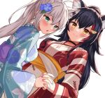  2girls :o animal_ear_fluff animal_ears aqua_kimono bangs black_hair blue_flower blue_kimono blue_nails blush breasts cardigan choker commentary commission dutch_angle floral_print flower fox_ears green_eyes hair_between_eyes hair_flower hair_ornament hair_strand height_difference high_ponytail holding_hands hololive japanese_clothes kimono large_breasts long_hair looking_ahead looking_at_viewer moonbell multicolored_hair multiple_girls nail_polish obi ookami_mio open_mouth pink_nails purple_sash red_hair red_kimono sash shirakami_fubuki sidelocks silver_hair simple_background skeb_commission smile streaked_hair two-tone_hair two-tone_kimono white_background white_kimono white_sash wolf_ears yellow_cardigan yellow_eyes yellow_sash yukata 