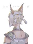  1girl animal_ear_fluff animal_ears avatar_(ff11) blonde_hair cat_ears dark-skinned_female dark_skin final_fantasy final_fantasy_xi from_behind mithra_(ff11) short_hair short_twintails simple_background solo translated twintails twintails_day upper_body white_background yuccoshi 