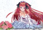  1girl :p absurdres alternate_hairstyle blue_eyes breasts bride cleavage dress elbow_gloves flower formal gloves go-toubun_no_hanayome highres jewelry long_hair medium_breasts nakano_nino red_hair richdesignart777 ring rose solo tongue tongue_out wedding wedding_band wedding_dress white_dress 