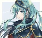  1girl alternate_costume alternate_hairstyle aqua_eyes aqua_hair armor breastplate cape character_name closed_mouth commentary_request cosplay earrings eirika_(fire_emblem) ephraim_(fire_emblem) ephraim_(fire_emblem)_(cosplay) eyebrows_visible_through_hair fire_emblem fire_emblem:_the_sacred_stones fire_emblem_heroes floating_hair hair_ornament high_ponytail highres jewelry long_hair looking_at_viewer official_alternate_costume ponytail shinae shiny shiny_hair shoulder_armor sidelocks smile solo twitter_username upper_body very_long_hair 