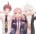  1girl 2boys :d bangs black_shirt blush breast_pocket breasts collarbone collared_shirt commentary_request danganronpa_(series) danganronpa_2:_goodbye_despair dress_shirt flipped_hair green_jacket green_neckwear hair_between_eyes hair_ornament hands_up highres hinata_hajime hood hood_down jacket komaeda_nagito light_brown_hair looking_at_viewer medium_breasts medium_hair multiple_boys nanami_chiaki neck_ribbon necktie open_clothes open_jacket open_mouth paw_pose pink_eyes pink_hair pink_ribbon pocket print_shirt ribbon shirt shirt_tucked_in short_hair simple_background skirt smile snow_finale upper_teeth white_background white_shirt 