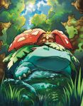  claws closed_eyes closed_mouth cloud commentary_request day from_below gen_1_pokemon grass highres no_humans outdoors pokemon pokemon_(creature) sky solo sun tree venusaur yamanushi 