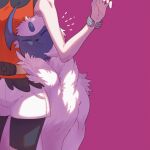  1girl :&lt; absol bike_shorts bike_shorts_under_shorts bracelet closed_eyes closed_mouth commentary fluffy gen_3_pokemon jewelry may_(pokemon) orange_shirt pokemon pokemon_(creature) pokemon_(game) pokemon_oras purple_background shirt shorts simple_background sleeveless sleeveless_shirt white_fur white_shorts wulie_errr 