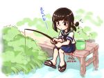  1girl artist_logo black_eyes black_hair blue_sailor_collar blue_skirt bucket commentary_request dated fishing fishing_line fishing_rod fubuki_(kancolle) holding holding_fishing_rod kantai_collection kutone_shirika long_hair low_ponytail pier pleated_skirt ponytail repair_bucket sailor_collar sandals short_ponytail sidelocks sitting skirt solo 