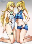  2girls bangs bare_shoulders blonde_hair blue_eyes blush breasts cleavage crossover headpiece jewelry large_breasts long_hair metroid mina_cream mole mole_under_mouth multiple_girls mythra_(radiant_beach)_(xenoblade) mythra_(xenoblade) navel one-piece_swimsuit ponytail samus_aran shorts simple_background smile strapless strapless_swimsuit super_smash_bros. swept_bangs swimsuit tiara very_long_hair white_swimsuit xenoblade_chronicles_(series) xenoblade_chronicles_2 yellow_eyes yuri 
