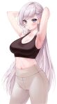  1girl absurdres armpits arms_behind_head arms_up azur_lane bangs belfast_(azur_lane) black_sports_bra blue_eyes blush braid breasts cleavage commentary cowboy_shot eyebrows_visible_through_hair highres kuca_(ku_ca18) large_breasts long_hair looking_at_viewer midriff mole mole_on_armpit navel pants parted_lips silver_hair simple_background solo sports_bra standing sweat swept_bangs very_long_hair white_background white_pants 