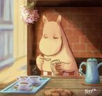  1girl animated animated_gif artist_name closed_eyes coffee coffee_mug cup english_commentary flower holding holding_spoon looping_animation moomin moominmamma mug nyyra pink_flower solo spoon steam table 
