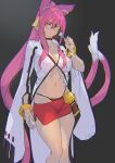  1girl animal_ears ashiomi_masato blazblue bracelet breasts candy cat_ears cat_tail closed_mouth food glasses jewelry kokonoe_(blazblue) lollipop long_hair looking_at_viewer navel panties pink_hair simple_background skirt solo tail underwear yellow_eyes 