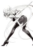  1girl astharoshe_asran boots breasts cleavage high_heel_boots high_heels kujou_kiyo long_hair monochrome polearm screentones solo source_request spear thigh_boots thighhighs trinity_blood very_long_hair weapon 