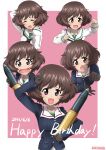  1girl 9s0ykoyama117 :d absurdres akiyama_yukari arms_up artist_name bangs black_gloves black_neckwear blouse blue_jacket border brown_eyes brown_hair clenched_hand clenched_hands closed_eyes commentary dated eyebrows_visible_through_hair frown girls_und_panzer gloves green_shirt hands_in_hair happy_birthday highres holding huge_filesize jacket long_sleeves looking_at_viewer messy_hair military military_uniform miniskirt multiple_views neckerchief ooarai_military_uniform ooarai_school_uniform open_mouth outside_border pink_background sailor_collar salute school_uniform serafuku shirt short_hair skirt smile tank_shell uniform white_blouse white_border white_sailor_collar 