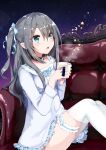  1girl blue_eyes character_request collar couch cup fang grey_hair hair_ribbon highres holding holding_cup kneehighs leg_garter lingerie long_hair negligee original pointy_ears ribbon ruri-urasue-1224 sitting solo two_side_up underwear vampire virtual_youtuber 