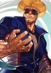  1boy aviator_sunglasses blonde_hair blue_jacket closed_mouth covered_eyes facing_viewer flattop guile hand_up hungry_clicker jacket male_focus muscular muscular_male official_alternate_costume solo street_fighter sunglasses track_jacket upper_body veins 