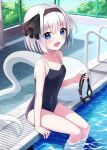  1girl black_hairband black_ribbon black_swimsuit blue_eyes blush collarbone competition_school_swimsuit eyebrows_visible_through_hair goggles hair_ribbon hairband highres hitodama holding holding_eyewear holding_goggles konpaku_youmu konpaku_youmu_(ghost) looking_at_viewer one-piece_swimsuit open_mouth pool ribbon school_swimsuit short_hair sitting smile soaking_feet solo suzuno_naru swimsuit touhou white_hair 