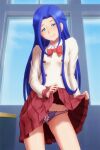  1girl blue_hair bonnie_(rsg) bow bowtie classroom closed_mouth clothes_lift collared_shirt cowboy_shot crotchless crotchless_panties female_pubic_hair green_eyes hair_intakes head_tilt imai_kotoko indoors lifted_by_self long_hair long_sleeves looking_at_viewer mewkledreamy miniskirt mole mole_under_eye panties pleated_skirt pubic_hair purple_panties red_bow red_neckwear red_skirt shiny shiny_hair shirt skirt skirt_lift smile solo standing underwear very_long_hair white_shirt wing_collar 