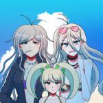  3girls :i absurdres alternate_costume antenna_hair bangs bare_arms bare_shoulders bikini black_jacket blonde_hair blue_sky cat_hair_ornament choker cigarette cloud collarbone commentary_request danganronpa_(series) danganronpa_2:_goodbye_despair danganronpa_another_episode:_ultra_despair_girls danganronpa_v3:_killing_harmony day eyewear_on_head goggles goggles_on_head grey_hair hagakure_hiroko hair_between_eyes hair_ornament heart heart-shaped_eyewear height_difference highres jacket jewelry long_hair looking_at_viewer multiple_girls necklace open_clothes open_jacket open_mouth outdoors shiny shiny_hair sky sunglasses swimsuit tansug_(tansuk88) twintails 