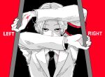  1boy awara_kayu bangs black_background blood blood_on_hands commentary_request covered_mouth english_text holding jacket long_sleeves looking_at_viewer male_focus nakarai_keijin necktie parted_bangs red_background shirt short_hair simple_background solo tokyo_ghoul tokyo_ghoul:re weapon 