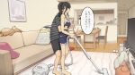  1boy 1girl bag barefoot black_hair black_shorts blue_shorts chair closed_eyes couch indoors original pillow ponytail short_hair shorts speech_bubble standing stuffed_animal stuffed_toy table teddy_bear television translation_request vacuum_cleaner wakamatsu372 