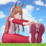  1girl absurdres animal_ears blue_eyes blush brown_hair closed_mouth day eyebrows_visible_through_hair grass grass_wonder_(umamusume) highres horse_ears horse_girl horse_tail jacket jersey long_hair long_sleeves pants red_jacket red_pants smile solo tail topgear track_jacket umamusume 