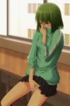  1girl aqua_cardigan bangs black_skirt bonnie_(rsg) cardigan clothes_lift eyebrows_visible_through_hair female_pubic_hair fingering glasses green_eyes green_hair half-closed_eyes hand_in_panties hori-san_to_miyamura-kun kouno_sakura long_sleeves masturbation miniskirt over-rim_eyewear panties pleated_skirt pubic_hair red-framed_eyewear semi-rimless_eyewear shiny shiny_hair shiny_skin short_hair sitting skirt skirt_lift solo underwear white_panties 