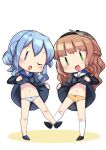  2girls bangs bare_legs black_dress black_footwear blue_eyes blue_hair blue_sailor_collar blush bow bow_panties braid brown_hair clothes_lift de_ruyter_(kancolle) dress dress_lift eyebrows_visible_through_hair fairy_(kancolle) french_braid gotland_(kancolle) green_eyes hair_between_eyes hair_bun hairband headgear highres kantai_collection kneehighs lifted_by_self long_hair long_sleeves mole mole_under_eye multiple_girls nassukun one_eye_closed open_mouth orange_panties panties plaid plaid_panties sailor_collar sailor_dress simple_background standing standing_on_one_leg striped striped_panties underwear white_legwear 