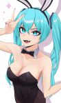  1girl absurdres aqua_eyes aqua_hair bare_shoulders breasts cleavage collarbone detached_collar fang hatsune_miku highres long_hair medium_breasts pantyhose pink_nails playboy_bunny rossam solo twintails very_long_hair vocaloid 