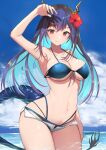  1girl arknights arm_up armpits bare_arms bare_shoulders bikini blue_bikini blue_hair blue_sky breasts ch&#039;en_(arknights) ch&#039;en_the_holungday_(arknights) cleavage cloud cloudy_sky collarbone covering_face cowboy_shot dragon_girl dragon_horns dragon_tail flower front-tie_bikini front-tie_top hair_flower hair_ornament halterneck hand_up hibiscus horns large_breasts long_hair looking_at_viewer micro_shorts multi-strapped_bikini navel official_alternate_costume open_fly outdoors red_eyes red_flower shorts sky smile solo stomach string_bikini swimsuit tail thighs water white_shorts wide_hips yuzuruka_(bougainvillea) 