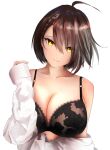  1girl ahoge azur_lane baltimore_(azur_lane) bangs bare_shoulders beefusteku black_bra bra braid breasts brown_hair cleavage collarbone head_tilt highres lace lace_bra large_breasts off_shoulder shirt short_hair side_braid sleeves_past_wrists smile underwear white_shirt yellow_eyes 