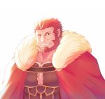  1boy armor backlighting bad_id bad_twitter_id bara beard breastplate cape cleavage_cutout clothing_cutout commission facial_hair fate/zero fate_(series) fur-trimmed_cape fur_trim grin highres iskandar_(fate) kagemaru321 leather looking_at_viewer male_cleavage male_focus mature_male muscular muscular_male one_eye_closed pectorals red_eyes red_hair short_hair smile solo upper_body 