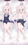  1girl :o ahoge armpits arms_up ass_visible_through_thighs bangs bar_censor bare_arms bare_legs bare_shoulders barefoot bed_sheet blue_archive blush bound bound_wrists breasts censored closed_mouth clothes_pull collarbone commentary_request dakimakura_(medium) grey_hair hair_ornament hairclip halo highres hina_(blue_archive) long_hair low_wings name_tag nipples old_school_swimsuit parted_bangs parted_lips prehensile_wings purple_eyes purple_wings ribs school_swimsuit shiny shiny_clothes small_breasts swimsuit swimsuit_aside swimsuit_pull thigh_gap uneg very_long_hair wings 