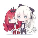  2girls beni_shake black_bow black_footwear black_legwear black_leotard blush boots bow braid breasts chibi cleavage closed_mouth commentary_request dress fairy_knight_tristan_(fate) fate/grand_order fate_(series) grey_eyes grin hair_bow knee_boots leotard long_hair long_sleeves morgan_le_fay_(fate) mother_and_daughter multiple_girls navel red_dress red_footwear red_hair shadow signature small_breasts smile standing thighhighs very_long_hair white_background white_hair 