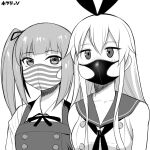  2girls dress greyscale hotaryuso kantai_collection kasumi_(kancolle) long_hair mask monochrome mouth_mask multiple_girls pinafore_dress remodel_(kantai_collection) sailor_collar sailor_shirt shimakaze_(kancolle) shirt side_ponytail sleeveless sleeveless_shirt striped 