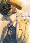  1girl artist_name blonde_hair blue_jacket brown_eyes brown_jacket character_name closed_mouth commentary_request dated english_text erwin_(girls_und_panzer) girls_und_panzer goggles goggles_on_headwear green_headwear green_shirt half-closed_eyes happy_birthday hat highres jacket kuroneko_douji long_sleeves looking_at_viewer military military_hat military_jacket military_uniform ooarai_military_uniform open_clothes open_jacket outdoors peaked_cap pointy_hair shirt short_hair signature smile solo twilight uniform upper_body 