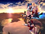  4girls ahoge animal_ears bangs bikini black_bikini black_hair blonde_hair blue_hair breasts cloak cloud dusk elbow_gloves eyebrows_behind_hair eyebrows_visible_through_hair fate/grand_order fate_(series) flying fox_ears gloves hair_between_eyes highres lake long_hair migiha mountain multicolored_hair multiple_girls oda_nobunaga_(fate)_(all) oda_nobunaga_(swimsuit_berserker)_(fate) okita_souji_(fate)_(all) okita_souji_(swimsuit_assassin)_(fate) open_mouth red_eyes ribbon school_uniform sei_shounagon_(fate) short_hair sky smile suzuka_gozen_(fate) swimsuit twintails type-moon yellow_eyes 