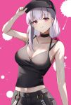  1girl absurdres alternate_costume asashin_(asn) baseball_cap black_headwear black_tank_top breasts fate/grand_order fate_(series) grey_hair hat heroic_spirit_tour_outfit highres kama_(fate) large_breasts licking_lips long_hair low_twintails red_eyes smile solo tank_top tongue tongue_out twintails upper_body 