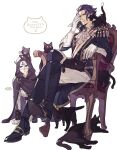  2boys animal ascot asogi_kazuma barok_van_zieks black_cat black_cloak black_footwear black_hair black_jacket boots cat chair cloak closed_mouth copyright_name crossed_legs dai_gyakuten_saiban dai_gyakuten_saiban_2 ebira full_body gloves gyakuten_saiban hand_up hood hood_up jacket long_sleeves looking_at_viewer male_focus mask multiple_boys pants short_hair simple_background sitting spoilers white_background white_gloves white_jacket white_neckwear white_pants 