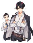  2boys asogi_kazuma bangs belt black_eyes black_hair black_jacket black_pants blush brown_belt closed_mouth cowboy_shot crossed_arms dai_gyakuten_saiban ebira gyakuten_saiban jacket jacket_on_shoulders katana long_sleeves looking_at_viewer male_focus multiple_boys naruhodou_ryuunosuke no_legs pants parted_lips sheath sheathed shirt simple_background sparkle suspenders sword weapon white_background white_shirt 