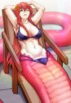  1girl absurdres arms_up bikini bikini_bottom bikini_top breasts chair collarbone commission commissioner_upload eyebrows_visible_through_hair fangs hair_between_eyes hair_ornament highres huge_filesize lamia large_breasts lens_flare long_hair lounge_chair lying miia_(monster_musume) monster_girl monster_musume_no_iru_nichijou navel on_back one_eye_closed open_mouth outdoors red_hair scales scribblesquab slit_pupils solo sweat swimsuit yellow_eyes 