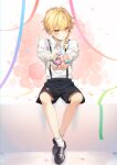  1boy arms_up bangs black_footwear black_shorts blonde_hair blush bow braid candy closed_mouth collar collared_shirt eyebrows_visible_through_hair floral_background flower food genderswap genderswap_(ftm) hair_between_eyes hair_bow hands_up jill_07km kirisame_marisa long_sleeves looking_at_viewer no_hat no_headwear pink_flower pink_rose puffy_long_sleeves puffy_sleeves rose shirt shoes short_hair shorts single_braid sitting socks solo tape touhou white_bow white_legwear white_shirt white_sleeves yellow_eyes 