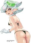  1girl artist_name ass back bikini breasts commentary_request cowboy_shot detached_collar earrings from_behind gloves grey_hair hair_ornament highres jewelry marie_(splatoon) medium_breasts micro_bikini open_mouth pointy_ears short_hair sideboob simple_background smile solo splatoon_(series) swimsuit symbol-shaped_pupils tamagomikan teeth tentacle_hair white_background white_gloves white_hair yellow_eyes 